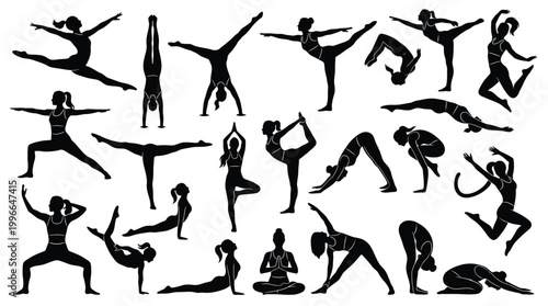 Set of silhouettes of women doing yoga and fitness exercises, various poses for stretching, gymnastics, and pilates