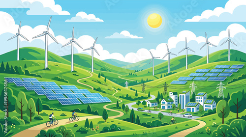 Sustainable green energy landscape with wind turbines and solar panels, ecofriendly city with electric cars and cyclists in a sunny valley, vector illustration