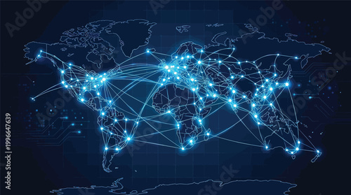Global network connection, world map with glowing lines and dots, digital technology communication concept, vector illustration