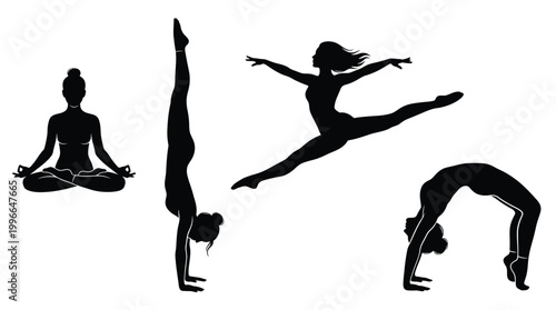 Set of yoga and gymnastics poses, silhouette of a woman exercising, fitness and wellness concept