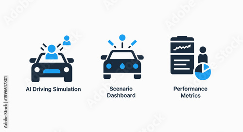 Autonomous vehicle technology icons illustrating AI driving simulation scenario dashboard and performance metrics for self-driving car software development with artificial intelligence simulation