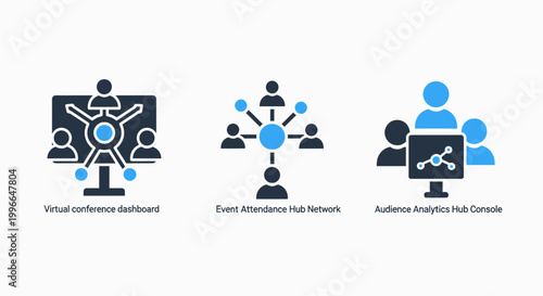 Virtual communication and network icons set showing conference dashboards decentralized networks and user analysis metrics with conference decentralized analysis dashboard communication business