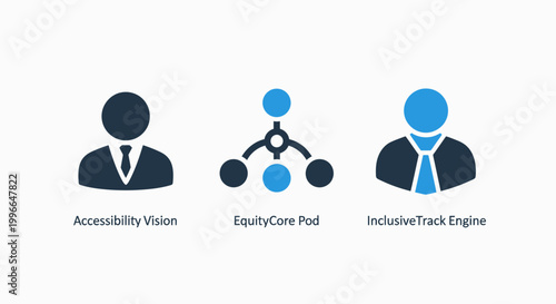 Corporate diversity equity and inclusion icons featuring accessibility vision equity core pod and inclusive tech engine themes for organizational social responsibility inclusion accessibility