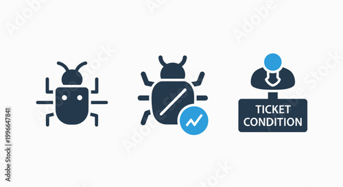 Collection of software debugging icons and technical support ticket condition management symbols with software tracking condition technical maintenance programming developer application