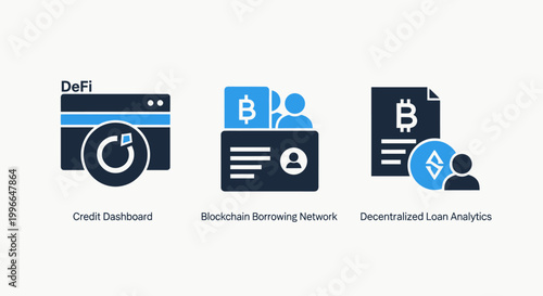 Cryptocurrency and blockchain technology icons illustrating decentralized finance defi platforms mining networks and decentralized applications with cryptocurrency blockchain technology application