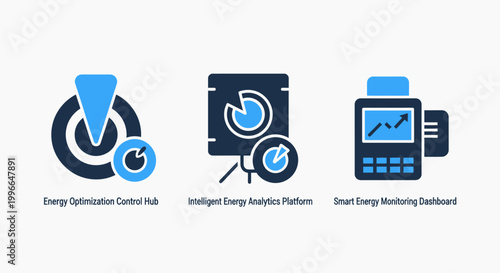 Smart energy management icons including energy optimizer controller intelligent analytics platform and monitoring dashboard interface with optimizer controller intelligent analytics platform