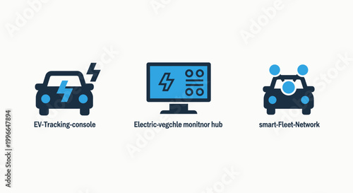Collection of vector icons for electric vehicle management including smart fleet charging network station monitoring hub interface and battery power status on a clean white background with electric