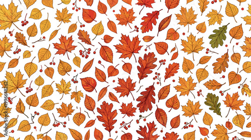 Seamless Autumn Leaves Pattern with Red Orange Yellow Maple and Oak Foliage and Red Berries on White Background