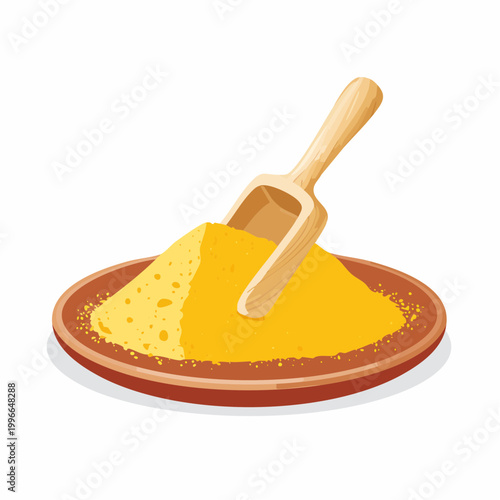 Pile of Cornmeal with Wooden Scoop on a Plate