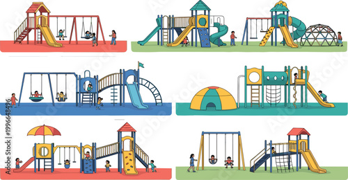 Playground Vector Set with Children Playing Slides Swings Climbing Frames and Outdoor Park Equipment for Kids Activity Illustration, Recreation Design, and School Graphics