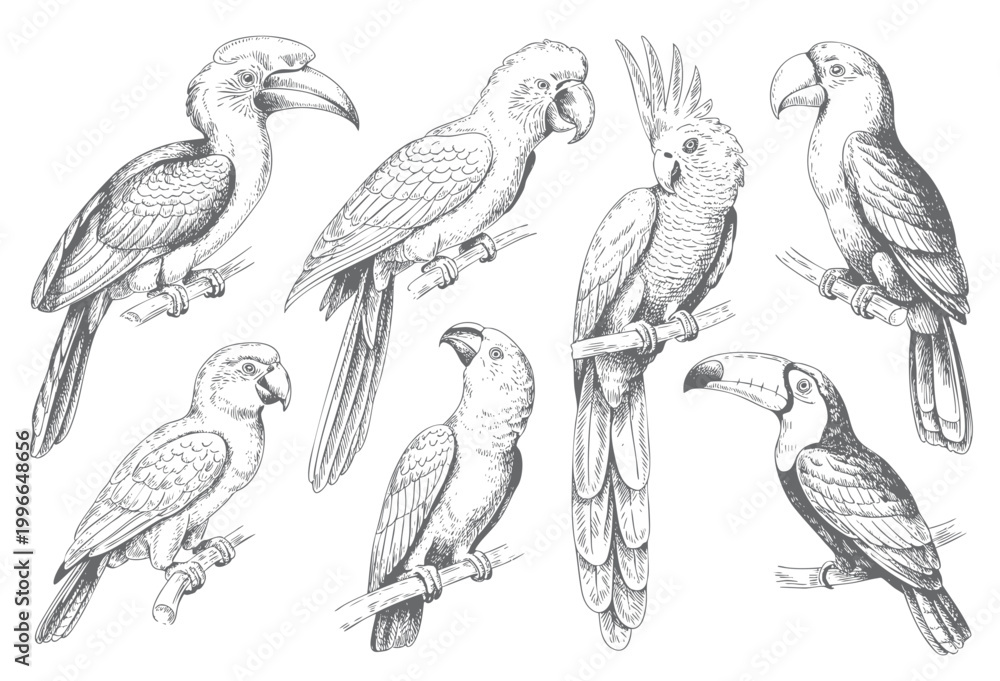 Fototapeta premium Tropical bird collection with parrots and toucans engraved illustration set.