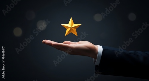 Hand offering a golden star of excellence and success