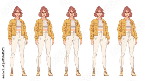 Stylish young woman with eyeglasses in a yellow jacket and white outfit, depicted in a repeating pattern