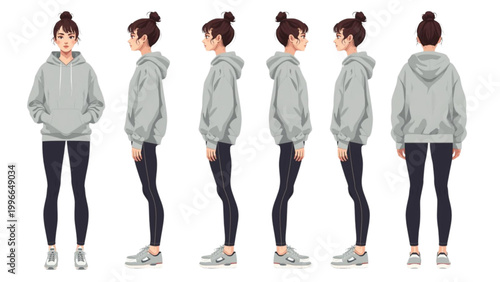 Turnaround view of a woman wearing a grey hoodie and leggings, showcasing different body angles