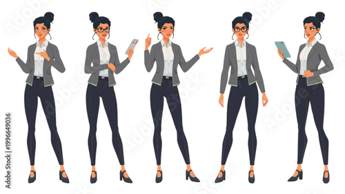 Professional businesswoman character in five full-body poses, demonstrating confidence, presentation skills, and tech interaction for corporate and educational design assets