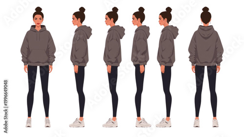 Collection of female character poses from front, side, back, and ¾ views, showcasing a casual hoodie and leggings outfit
