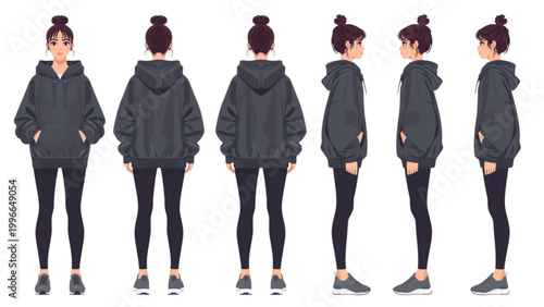 Full body view of a young woman in a black hoodie and leggings, displayed from multiple angles for character reference