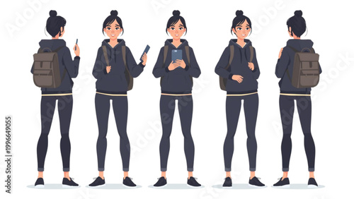 Front, Back, and Side View of a Young Woman with Smartphone and Backpack - Casual and Active Lifestyle Character Illustration