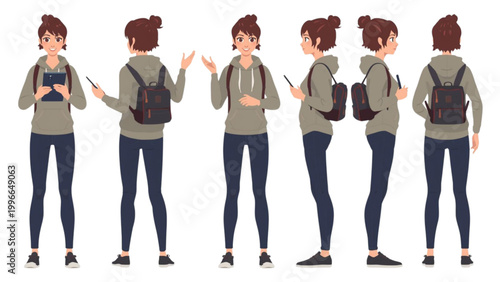 Vector set of a young casual woman character in various poses, including standing, walking, and holding a tablet, displaying different full-body angles with a backpack