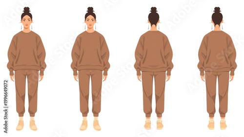 Illustrative full-body concept of a young woman wearing a brown sweatsuit, showcased from front, back, and side angles, perfect for digital design and character development