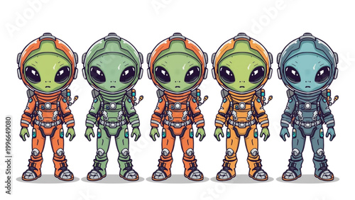 Cute cartoon astronauts in spacesuits, alien characters with helmets, a set of five different colored characters