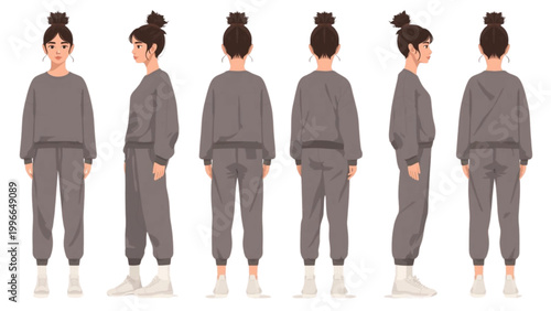 A Woman in a Grey Sweat Suit Displayed from Multiple Angles