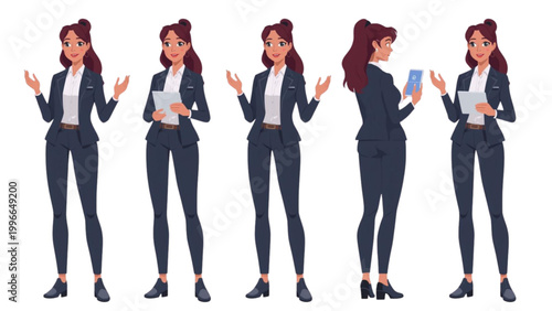 Professional woman in business attire standing in various poses holding a tablet, showcasing different perspectives of a corporate professional female employee