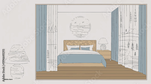 Bedroom interior with blue curtains and wooden floor