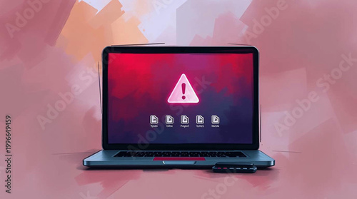Conceptual illustration of a digital warning alert displayed on a laptop screen with document icons, symbolizing system risk, data threats, and cybersecurity issues.
