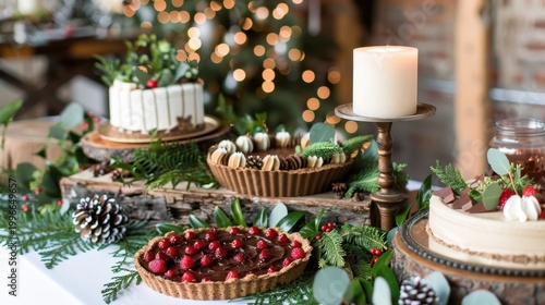 Elegant Dessert Table Display with Holiday Treats and Festive Decorations for Winter Celebration