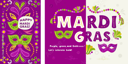 set of mardi gras themed posters with masks and festive designs