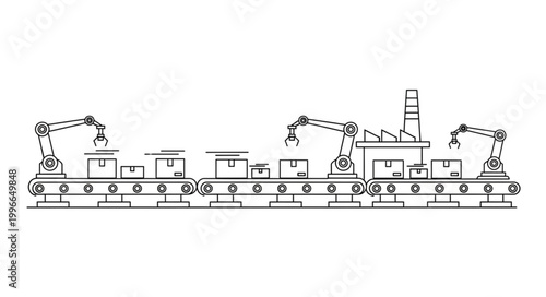 Automated factory production line with robotic arms and conveyor belts.
