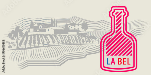 wine bottle illustration with vineyard landscape high quality