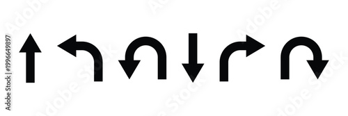 Direction icon set. U turn arrow icon set. Go straight, this way, one way only U turn, left and right arrow icons. Vector illustration.