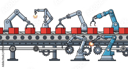 Automated Robotic Arms Working on a Factory Assembly Line.