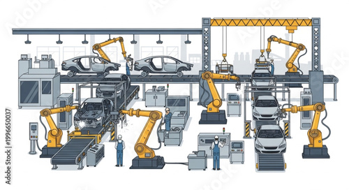 Automotive Factory Assembly Line with Robotic Arms and Cars.
