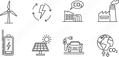 Renewable energy and sustainability icons set including wind solar electric car battery carbon emissions and industry symbols