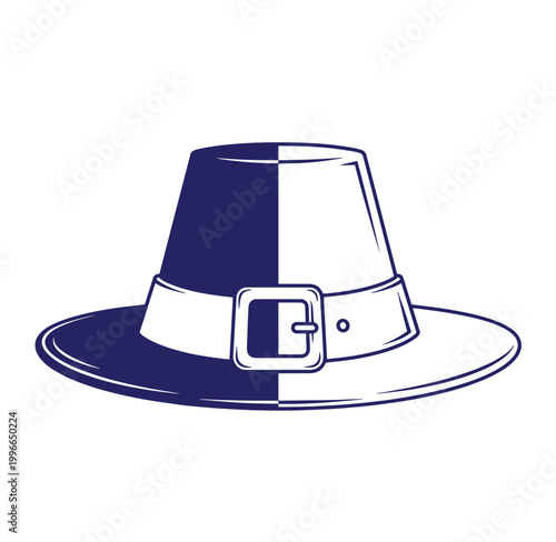 blue and white illustration of a pilgrim hat with a buckle  isolated on white background