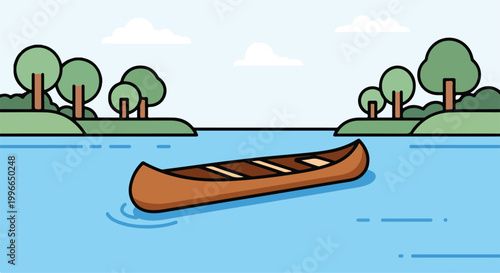 A canoe floats on a serene lake surrounded by green trees