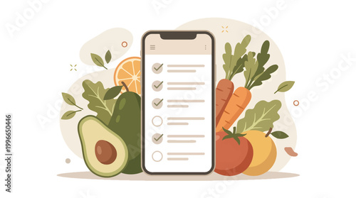 Modern Flat Editorial Illustration of Nutrition Plan App with Checklist and Fresh Fruits and Vegetables