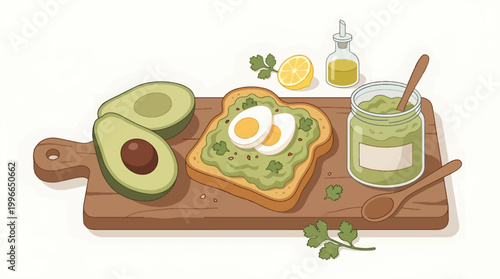 Modern Flat Editorial Illustration of Avocado Toast with Guacamole and Boiled Egg Healthy Breakfast Concept