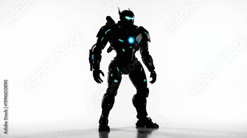 Black robot with blue lights standing on white background