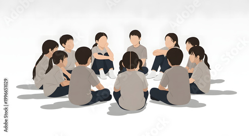 Group of children sitting in circle together for discussion, therapy or classroom activity illustration