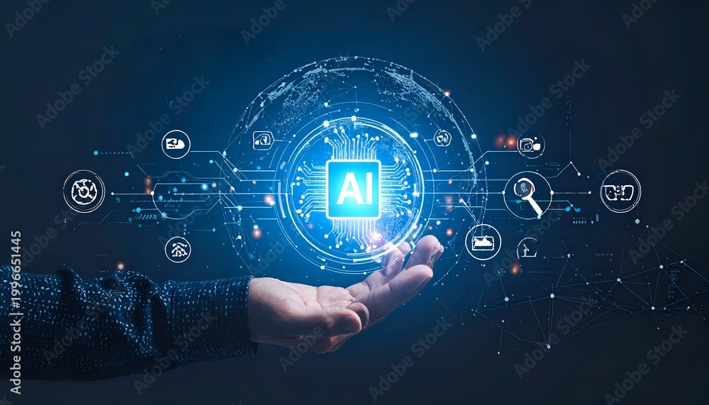 Fototapeta premium AI visualization with network connections and tech symbols, representing automation, analytics, and digital transformation.