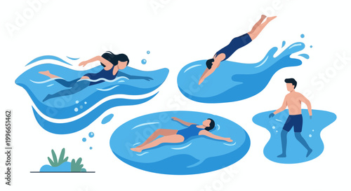 Minimal vector illustration of swimming and water sport activities isolated on white background