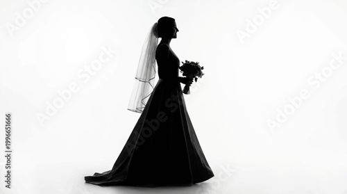 Silhouette of a beautiful bride in a wedding dress holding bouquet