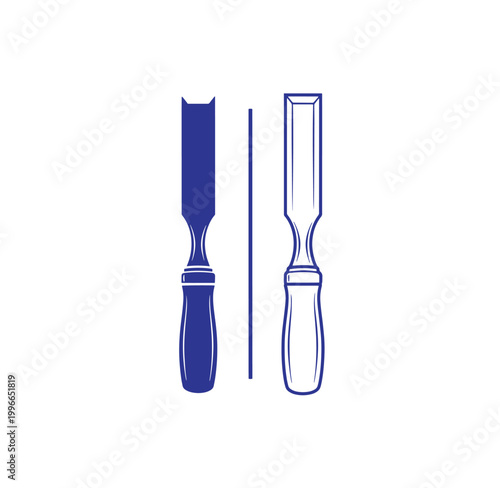 Two blue illustrations of wood carving tools on white background  chisels for woodworking