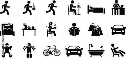 Daily life silhouette icon set with routine activities travel shopping and lifestyle symbols