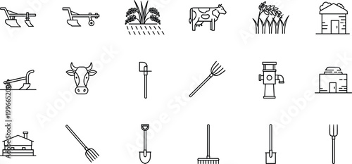 Agriculture farming line icon set with farm tools livestock crops and rural equipment vector illustration