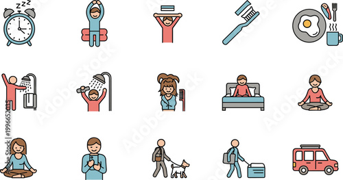 Daily routine and lifestyle flat icon set with wellness travel hygiene and morning activities
